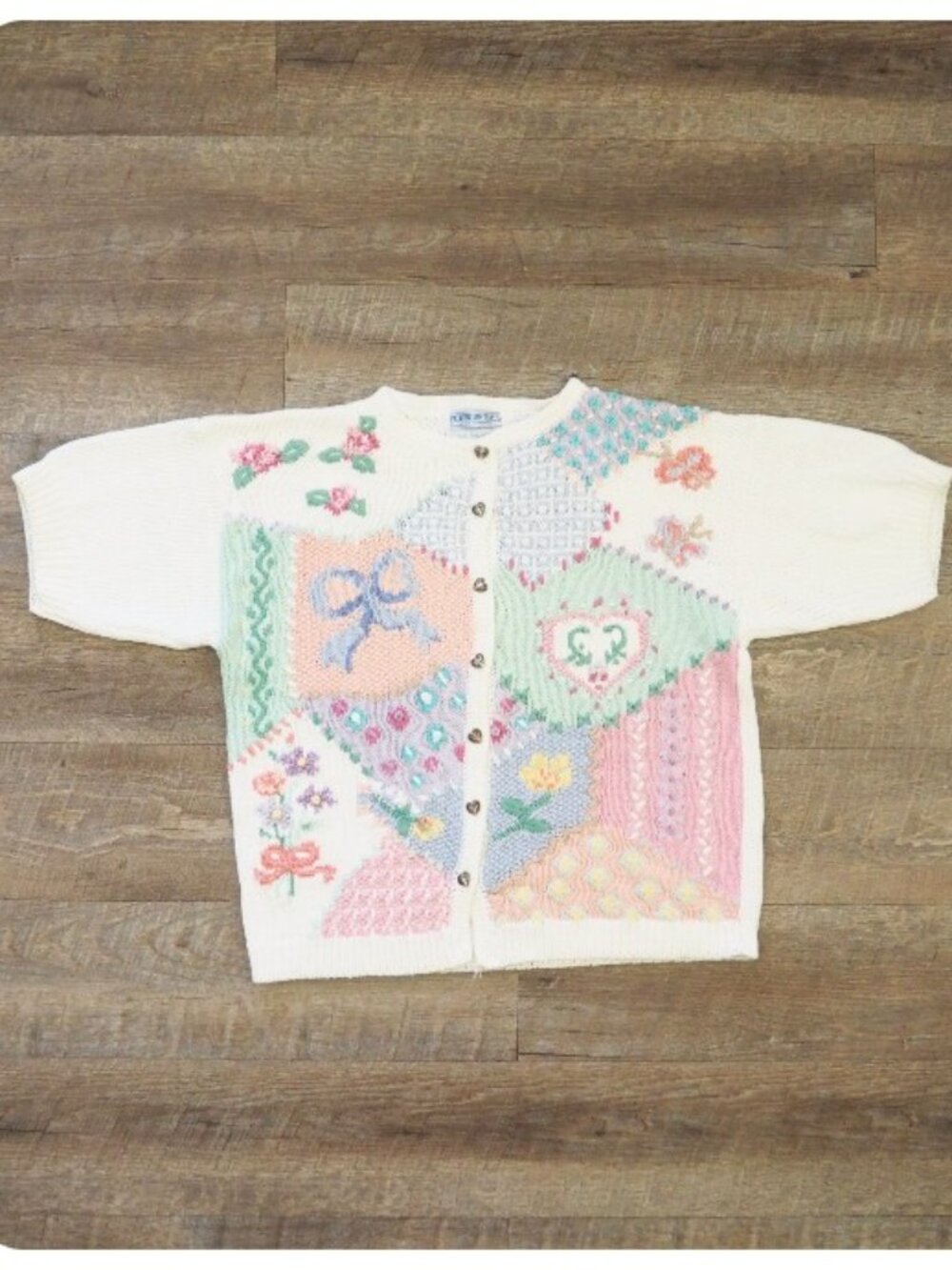 Vintage Northern Isles Hand Embroidered Short Sleeve Granny Sweater sz M